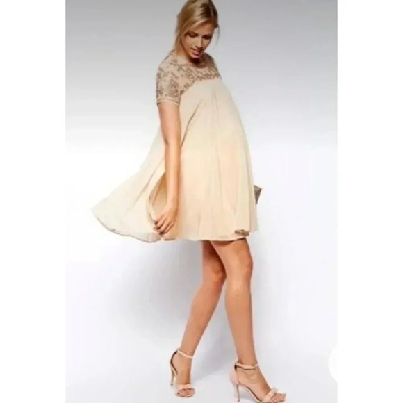 Asos Womens Elegant Beaded Mesh Maternity Dress Cream Sz 8 - Picture 1 of 16